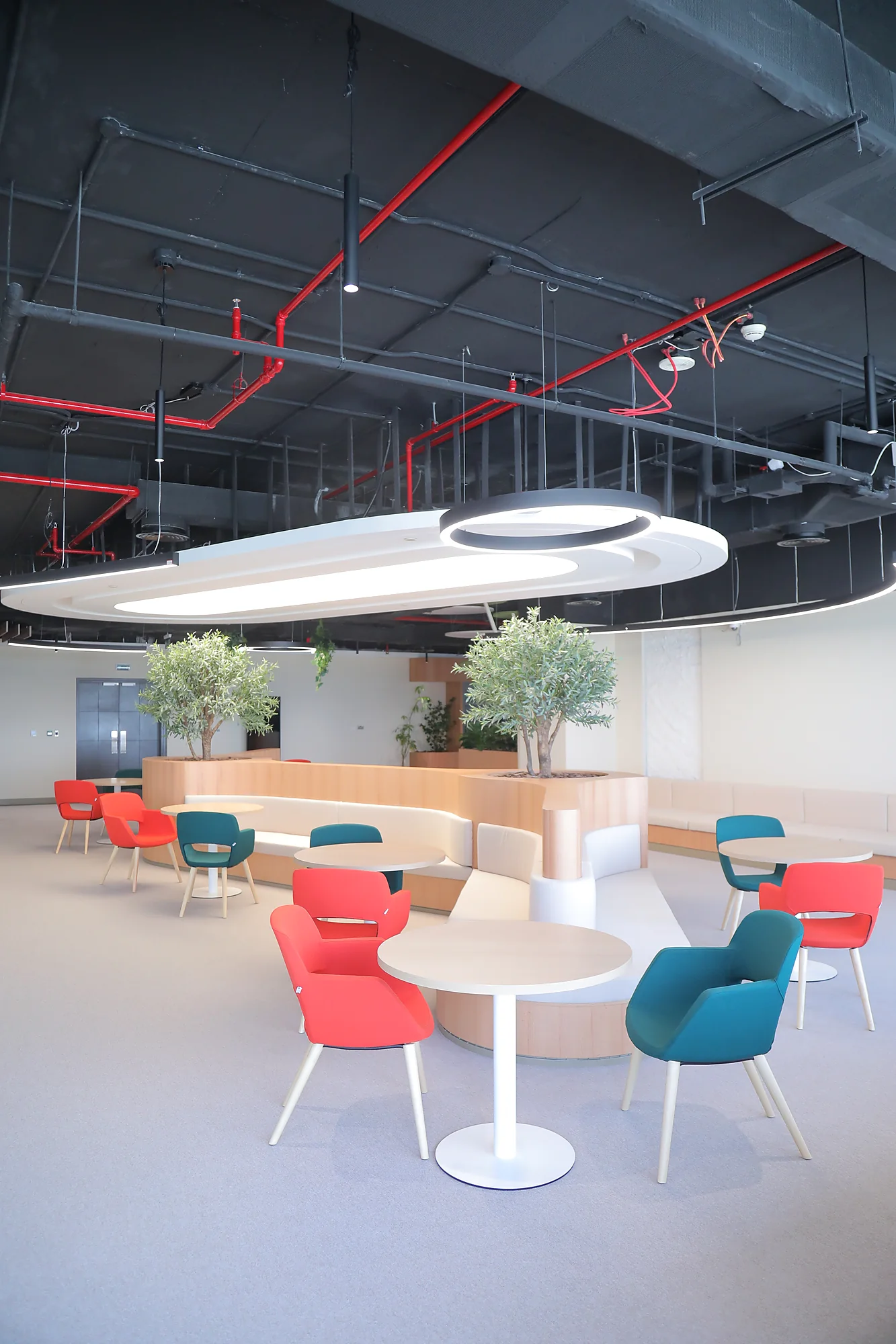 Staff café at Teach for Qatar with red and green upholstered chairs, round tables, oval suspended ceiling feature and exposed services ceiling
